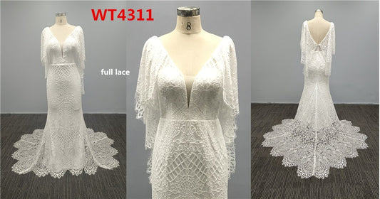 WT4311 - Robe de mariée bohème en dentelle col V avec traîne