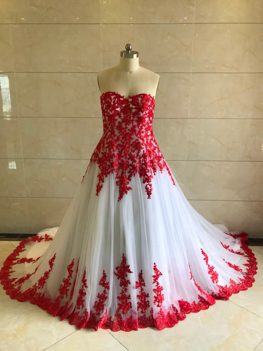 Style DOL-Y001  Strapless Red and white lace wedding gown