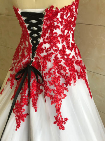 fitted lace wedding dress Trumpet Wedding Dress,Red Lace Appliques Over White Tulle Bridal Gown, main image 0