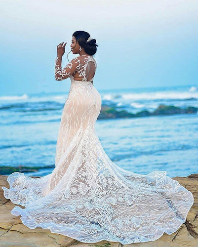 C2022-KLS221 - Sheer long sleeve plus size wedding gown