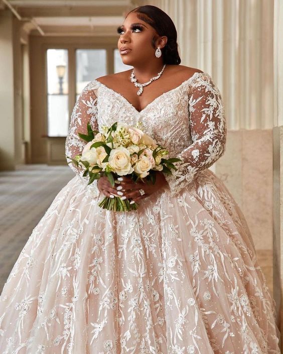 C2022-SLS3011 - sheer long sleeve plus size lace wedding ball gown