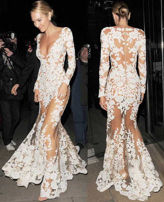 Robe de mariée sexy en dentelle, col en v, manches longues, C2022-LVL320