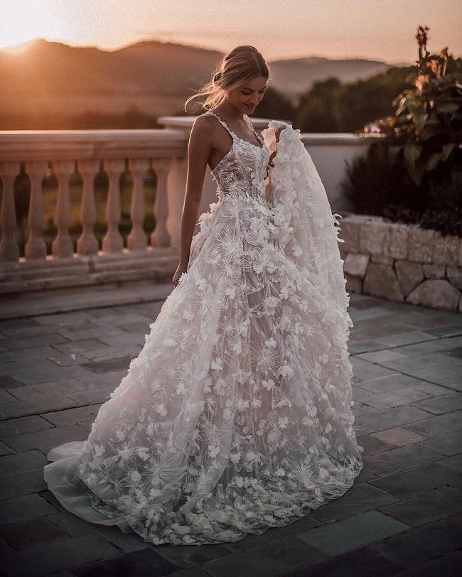 C2023-AL91b - robe de mariée trapèze sans manches à motif fleuri avec bretelles en dentelle