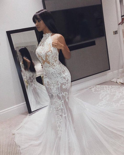 C2022-HF661 sleeveless halter beaded lace wedding gown