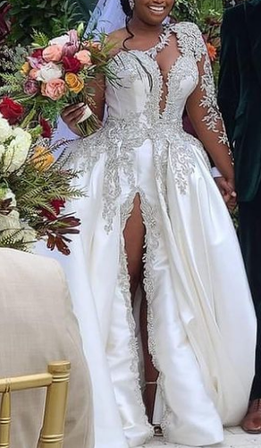C2022-FBS887 - one arm crystal beaded wedding dress slit with detachable ball gown
