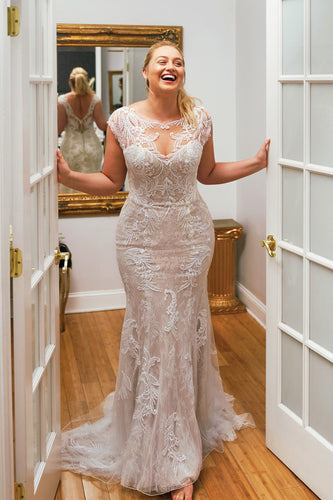 C2022-cp443 Cap sleeve plus size lace wedding gown