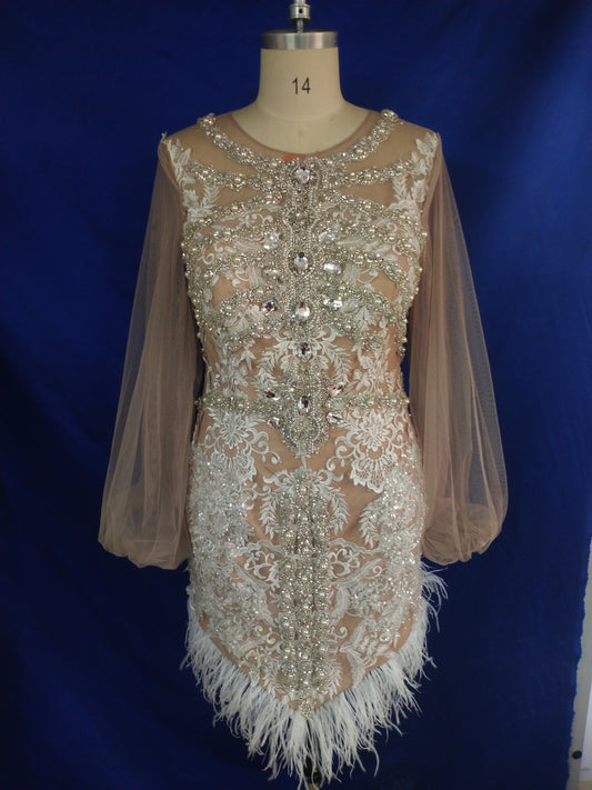 C2022-JD - Traje de baile con vestido de cóctel con manga ilusión transparente 