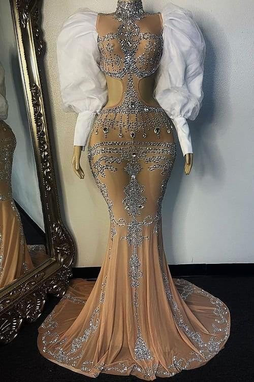 C2022-NW69 Vestido de noche formal sexy de manga larga de gran tamaño con joyas 