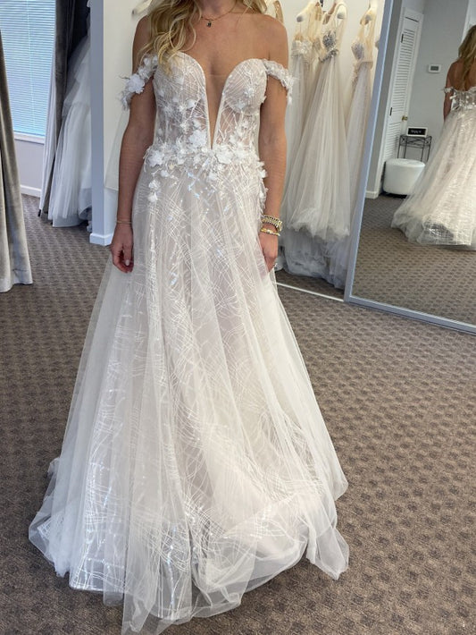 C2022-OSA77 off the shoulder ivory colored a-line wedding gown