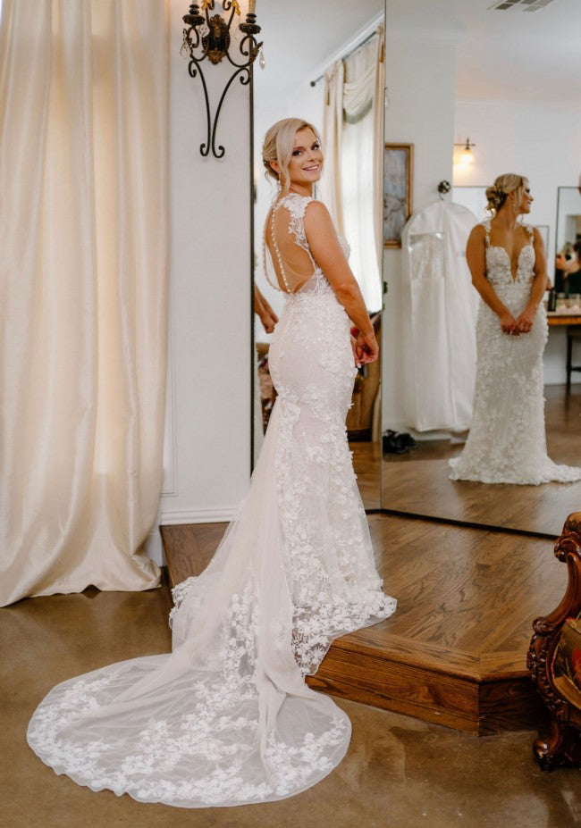 C2022-BT44 - sheer back sleeveless lace wedding gown with open neckline