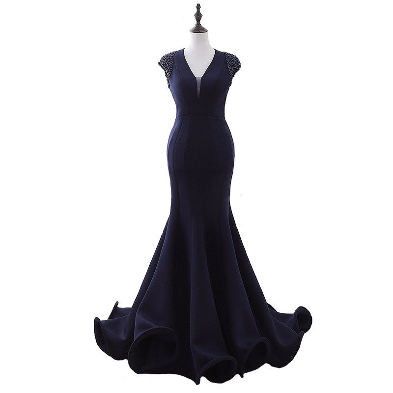 Navy blue Cap sleeve Evening Gown