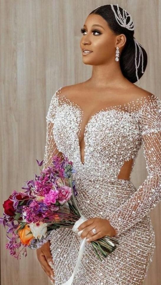 C2022-BB28 - Sheer long sleeve Crystal and Pearl beaded wedding gown