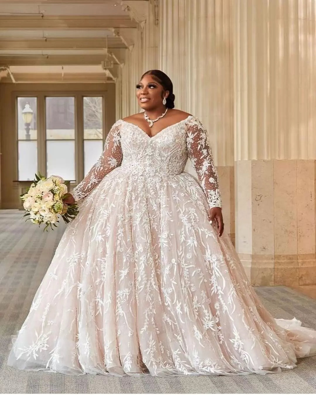 C2022-SLS3011 - sheer long sleeve plus size lace wedding ball gown