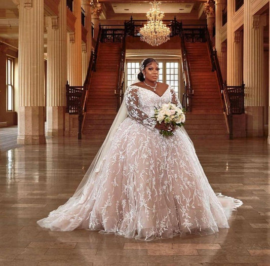 C2022-SLS3011 - sheer long sleeve plus size lace wedding ball gown