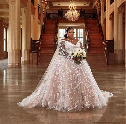 C2022-SLS3011 - Vestido de novia de encaje de talla grande y manga larga transparente
