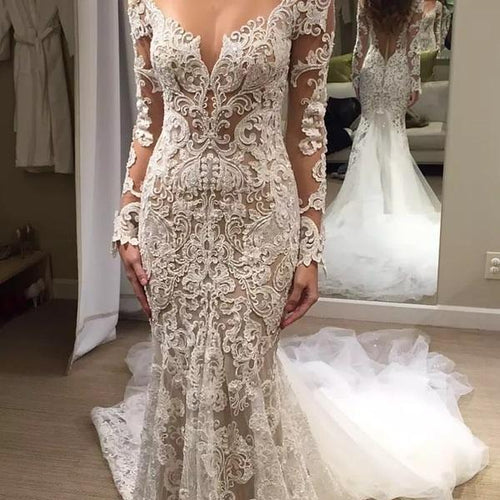 C2022-LSS787 Vestido de novia transparente de encaje y manga larga 